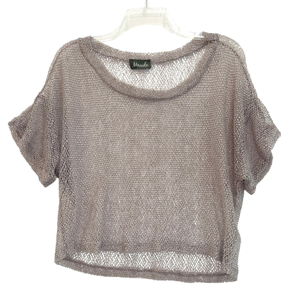 Maude Women's Open Knit Mesh Sheer Crop‎ Top Taupe Short Sleeve Size Small